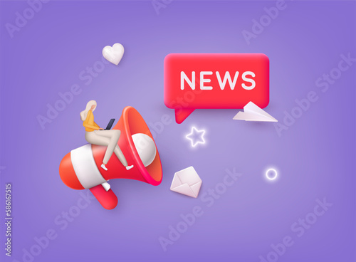Concept News update. Marketing time concept, realistic 3d megaphone, loudspeaker with lightning. 3D Web Vector Illustrations.