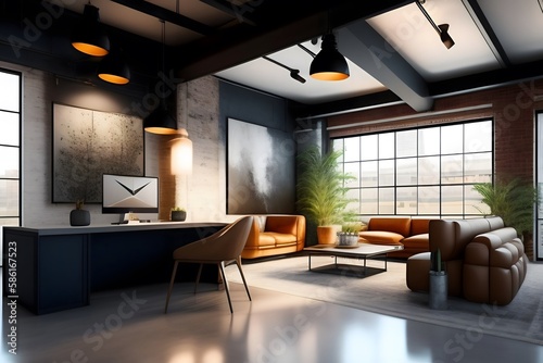 Rendering of  Industrial Chic Coworking Space . Generative AI. 