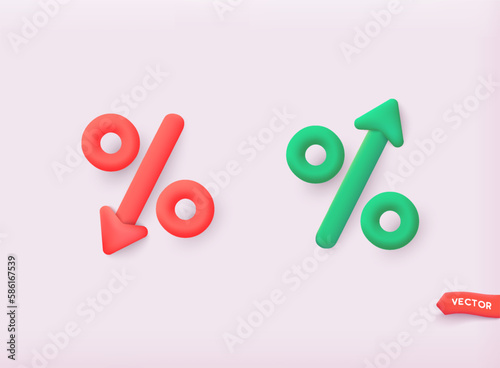 Price low down and up icon concept. Interest low price 3d percent discount vector iconPercentage with arrow up and down. 3D Web Vector Illustrations. photo