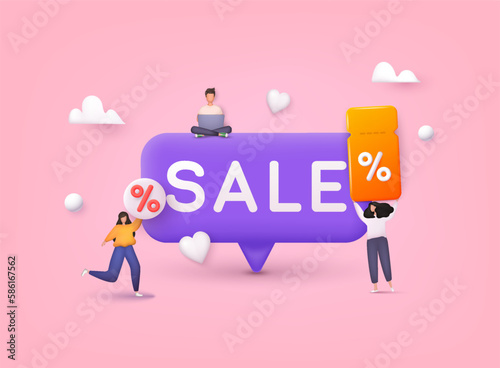 People Characters shop at an online store. Discount banner design. Online shopping concept. 3D Web Vector Illustrations.