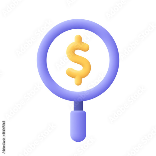 Magnifying glass with golden dollar coin. Search for financial resources, offer price and currency.Business research and money finder. 3d vector icon. Cartoon minimal style.