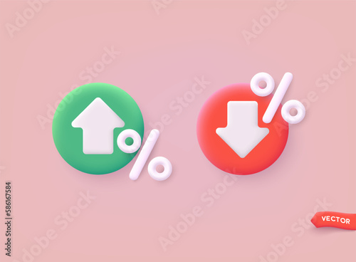 Price low down and up icon concept. Interest low price 3d percent discount vector icon. Percentage with arrow up and down. 3D Web Vector Illustrations.