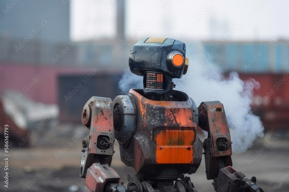 A robot with a destroyed city after the end of the world. AI Generative. A robot with a destroyed city after the end of the world. AI Generative.