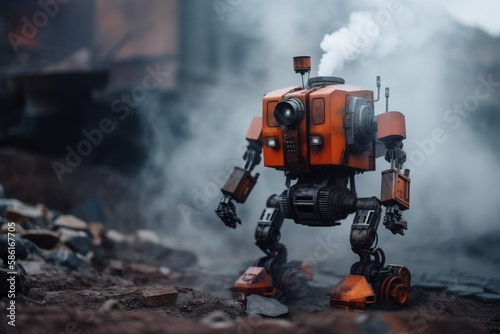 A robot with a destroyed city after the end of the world. AI Generative.