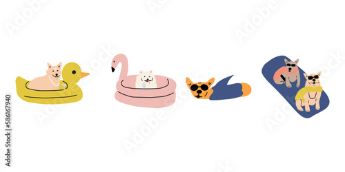 Dog on vacation. Cute animal rest by floating on an inflatable mattress.