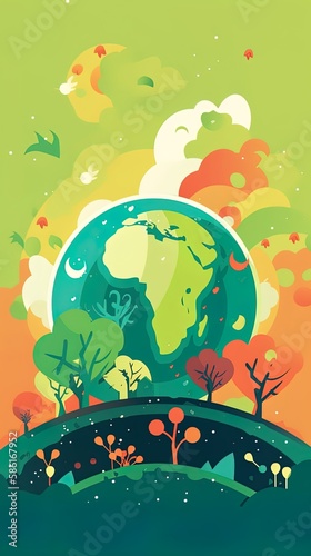 Celebrate Earth Day with a captivating hand-drawn illustration featuring a colorful planet and environmental symbols. Boasting soft colors  bold outlines  and cel shading in a cartoon style.