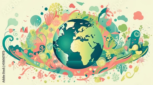 Celebrate Earth Day with a captivating hand-drawn illustration featuring a colorful planet and environmental symbols. Boasting soft colors, bold outlines, and cel shading in a cartoon style. © Sergio_Maley