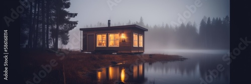 Secluded wooden tiny house in beautiful nature beside lake at night,created with Generative AI
