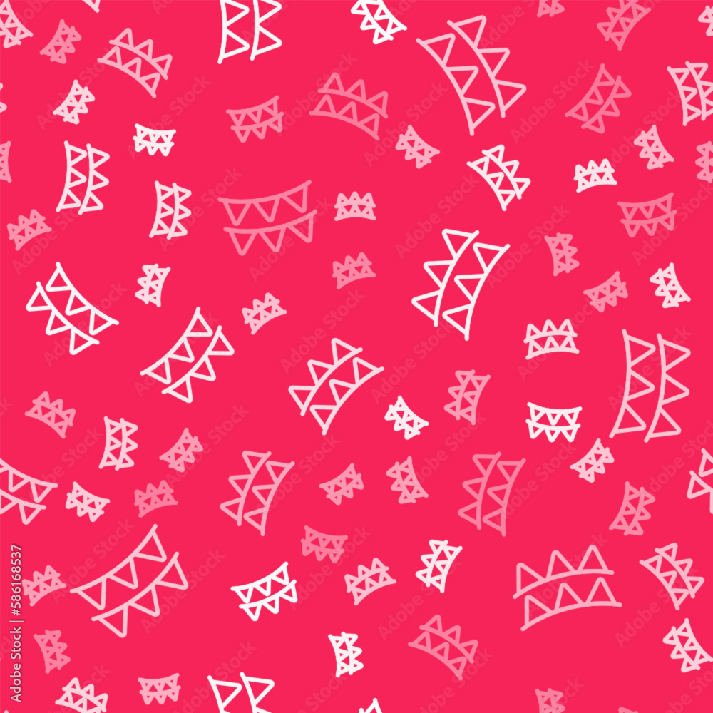 White line Carnival garland with flags icon isolated seamless pattern on red background. Party pennants for birthday celebration, festival decoration. Vector White line Carnival garland with flags icon isolated seamless pattern on red background. Party pennants for birthday celebration, festival decoration. Vector