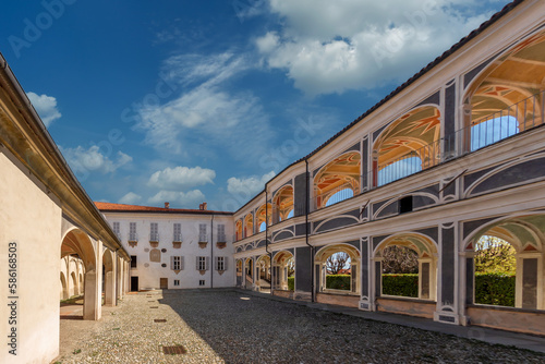Costigliole Saluzzo, Cuneo, Italy - Sarriod de La Tour palace refurbished multi-purpose town hall in cobblestone Vittorio Veneto street