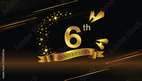 06th anniversary logo with golden ring, confetti and red ribbon isolated on elegant black background, sparkle, vector design for greeting card and invitation card photo