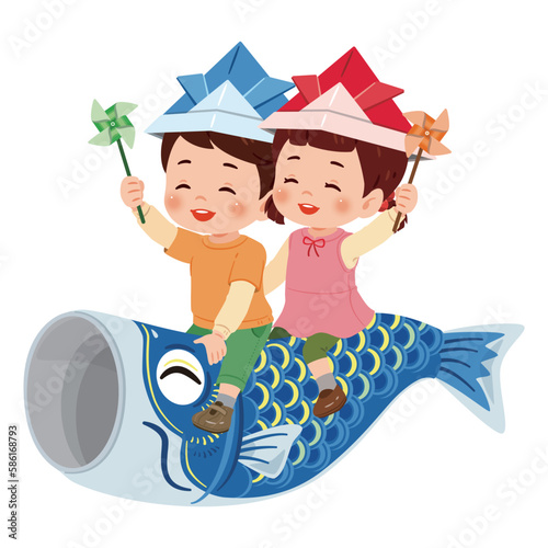 鯉のぼりに乗る笑顔の男の子と女の子1