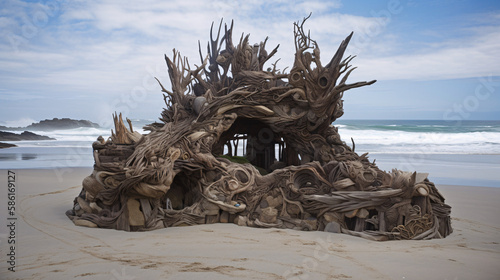 Weird wooden sculpture tree on the beach generative ai