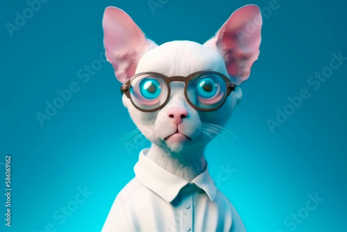 Portrait of a funny cat with big blue eyes in transparent glasses and a white shirt on an isolated blue background. Studio shot of a white cat with big ears looking straight into the camera. Generativ