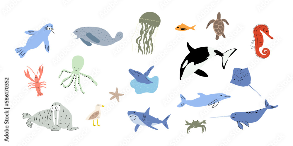 Sea animals. Cute aquatic fish, turtle, whale, narwhal, dolphin, octopus, starfish, crab, jellyfish, seal and other. Kids vector illustration.