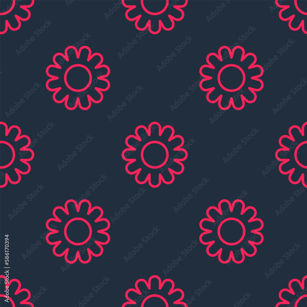 Red line Flower icon isolated seamless pattern on black background. Sweet natural food. Vector