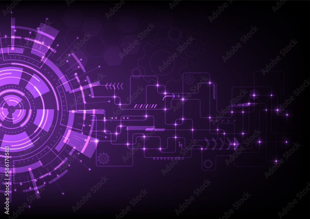 Obraz premium Abstract Technology Background in Tech Circles intersecting lines and shining point geometric shapes Gears and Elements Bright Purple Gradient Background