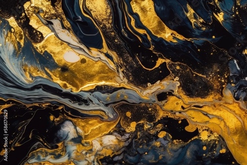 close up of a black and gold abstract painting created with Generative AI technology