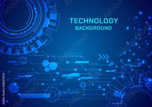 Abstract Innovation Technology Background Two Tech Circles electronic circuit and shining point There is space for letters. geometric shapes Gears and Elements Bright Blue Gradient Background