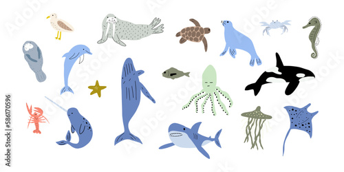 Fototapeta Naklejka Na Ścianę i Meble -  Sea animals. Cute aquatic fish, turtle, whale, narwhal, dolphin, octopus, starfish, crab, jellyfish, seal and other. Kids vector illustration.