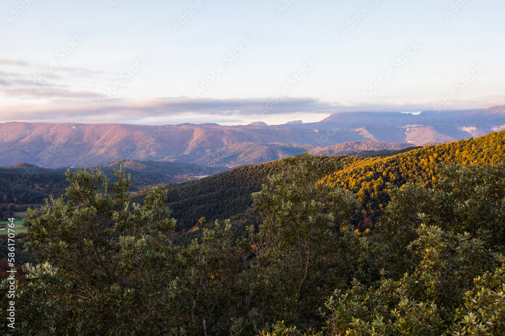 Autumn sunrise in the top of mountain in La Garrotxa, Spain