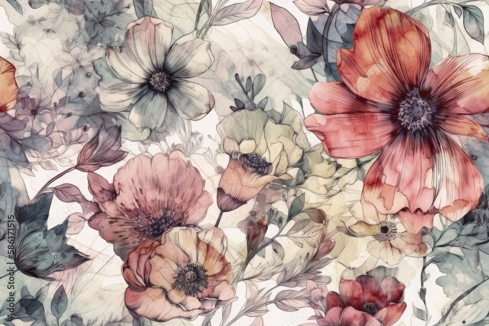 custom made wallpaper toronto digitalIllustration of colorful flowers in bloom against a white background created with Generative AI technology