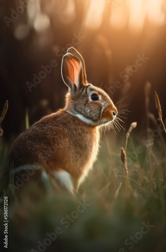 Wild brown rabbit in the grass. Generative AI.