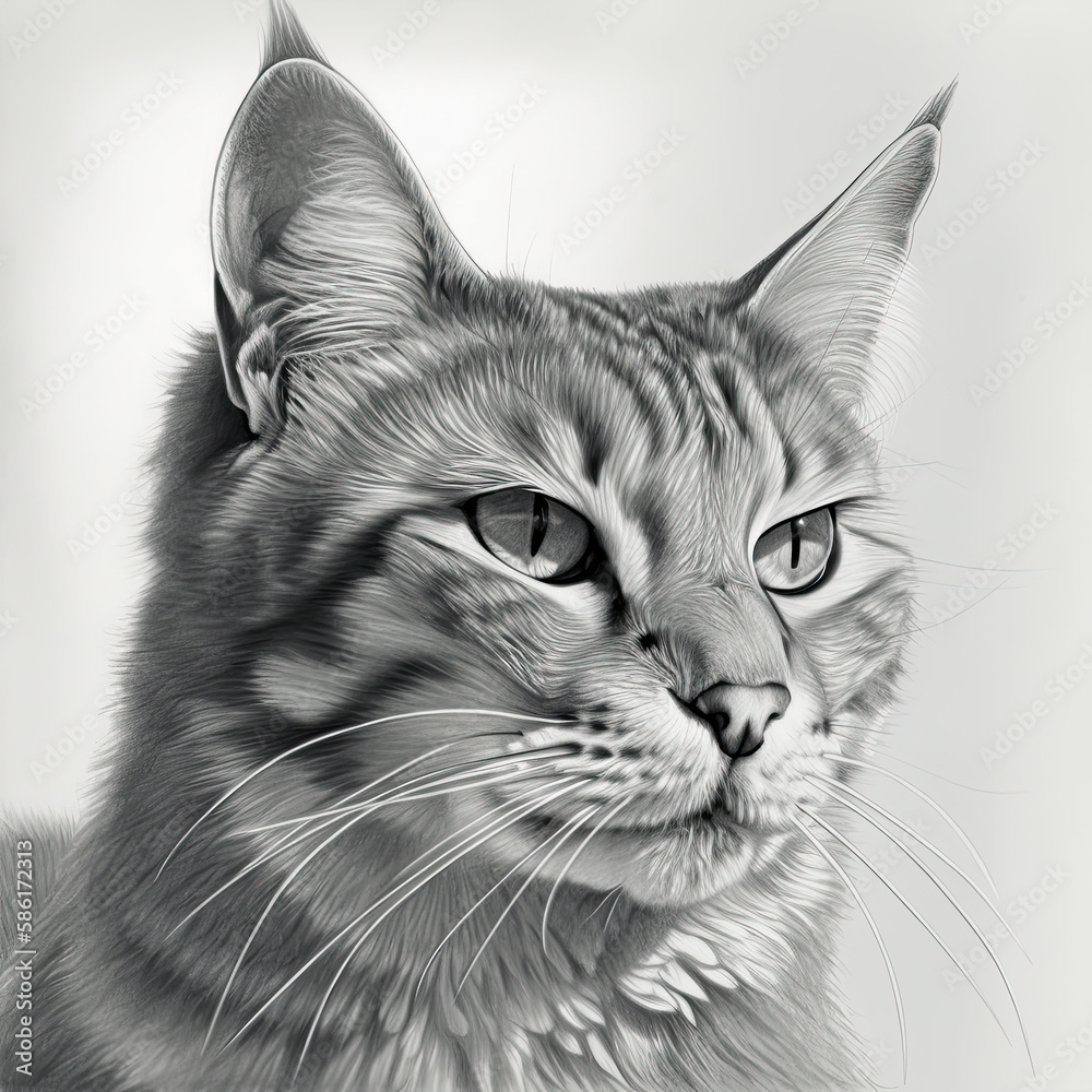 black and white cat, pencil sketch, generated with generative ai
