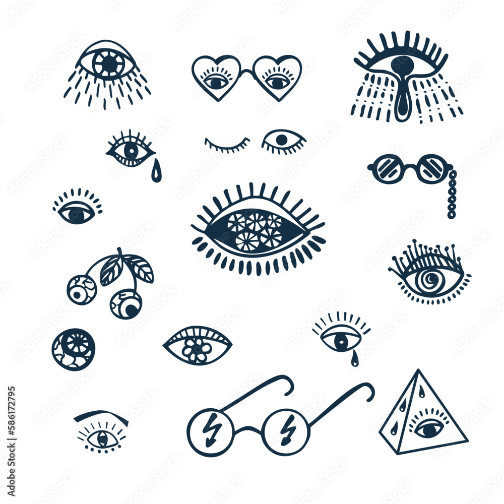 Collection of groove psychedelic eye elements. Retro design of hipster icons. Doodle style graphic. Vintage trippy cartoon. 60 70 80 90 trends vector illustration Black symbols on white background