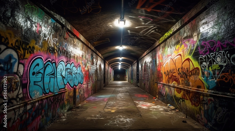 Long empty tunnel with graffiti on the wall. Bright graffiti in an underground tunnel. Dim light, graffiti. Dark and long underground passage with light. Urban style. Generative AI