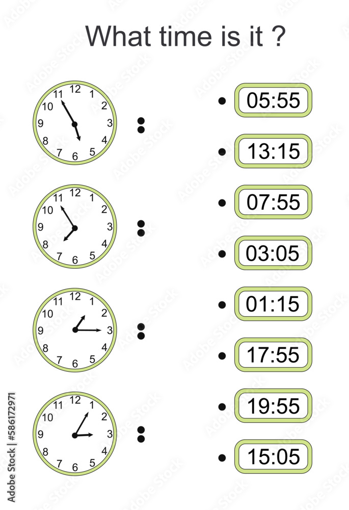 Game for kids. What time is it? Educational exercises for kids. Worksheets for practicing motor skills of children. Useful games for preschool and kindergarten. Game for kids. What time is it? Educational exercises for kids. Worksheets for practicing motor skills of children. Useful games for preschool and kindergarten.