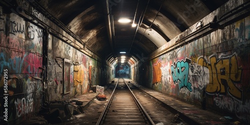 Long empty tunnel with graffiti on the wall. Bright graffiti in an underground tunnel. Dim light, graffiti. Dark and long underground passage with light. Urban style. Generative AI