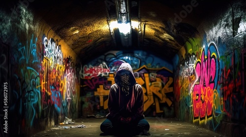 A mysterious man in a long empty tunnel with graffiti on the wall. Bright graffiti in an underground tunnel. Dim light, graffiti. Lonely man in the underpass. Urban style. Generative AI