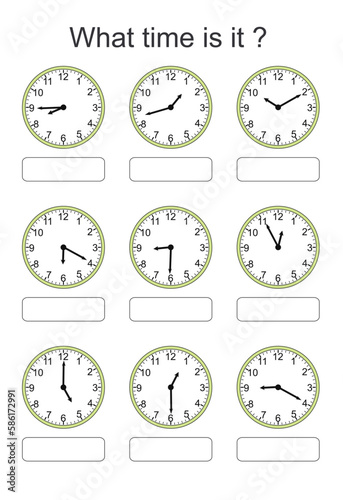 Game for kids. What time is it? Educational exercises for kids. Worksheets for practicing motor skills of children. Useful games for preschool and kindergarten.