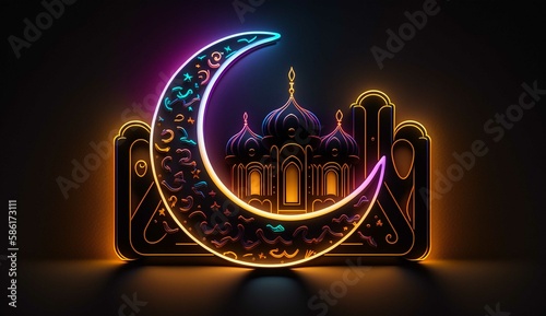"Ramadan" with moon neon illustration
