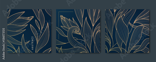 Vector set of abstract luxury golden square cards, post templates for social net, leaves botanical modern, art deco background. Pattern, texture for print, invitation, package design