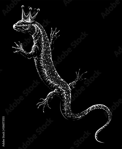 Lizard. Decorative, black-and-white image of a royal lizard on a black background in a sketch style. Digital vector graphics.