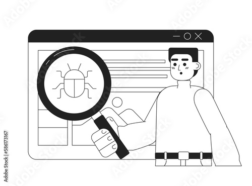 Debugging web application black and white concept vector spot illustration. Editable 2D flat monochrome cartoon character for web design. Developer creative line art idea for website, mobile, blog