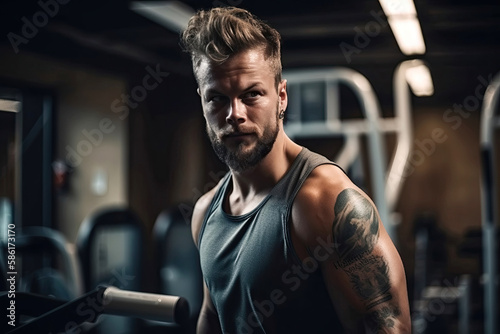 portrait of athletic man with a muscular body during a workout in gym. Generative AI