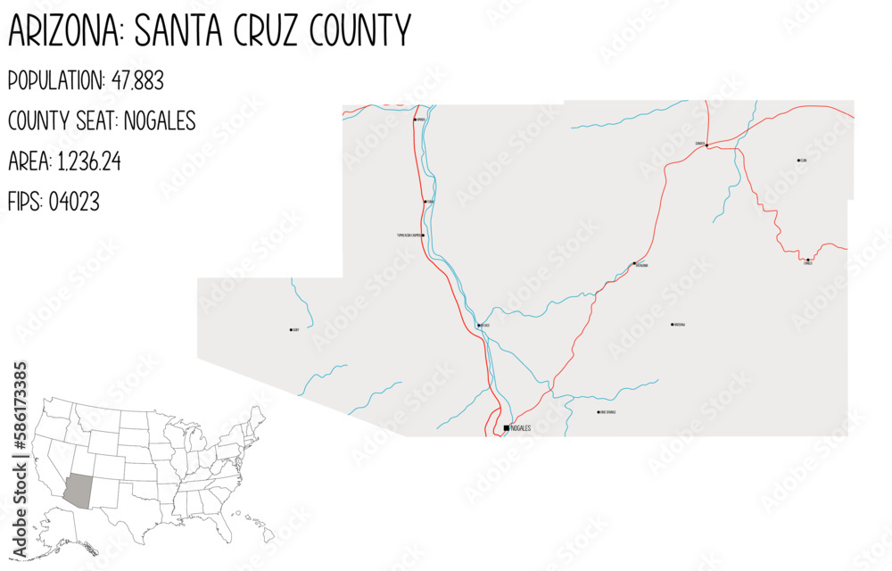 Large and detailed map of Santa Cruz county in Arizona, USA.