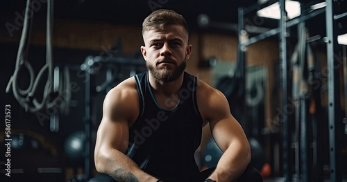 portrait of athletic man with a muscular body during a workout in gym. Generative AI