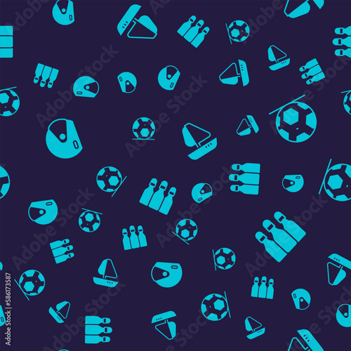 Set Racing helmet, Soccer football ball, Yacht sailboat and Bowling pin on seamless pattern. Vector
