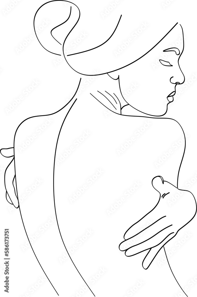 Minimalist silhouette of woman with long curly hair. Black and white. White background. Line drawing. Minimalist silhouette of woman with long curly hair. Black and white. White background. Line drawing.
