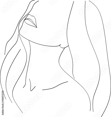 Minimalist silhouette of woman with long curly hair. Black and white. White background. Line drawing.