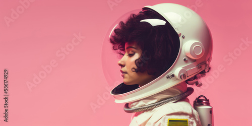 Side view portrait of a female astronaut wearing a space suit, at studio isolated over pink background. Generative AI image of a young attractive woman with curly hair.