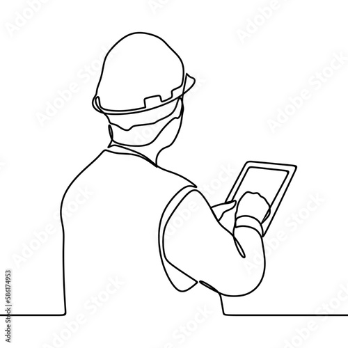 continuous line drawing of engineer professional construction worker using digital tablets
