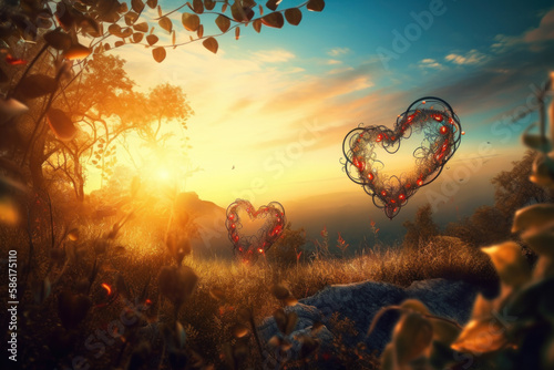 Sunset over an abstract landscape with hearts growing in the fertile warmth of pure love. Generative Ai. © cfhdesign