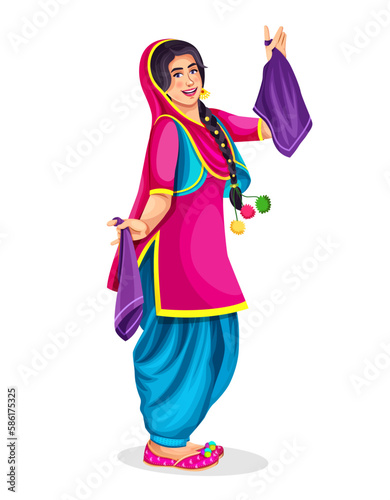 Indian Punjabi happy young woman enjoying occasion like Lohri and Baisakhi function dance party isolate on white background. Girl wearing ethnic Indian cloth suit and salwar.