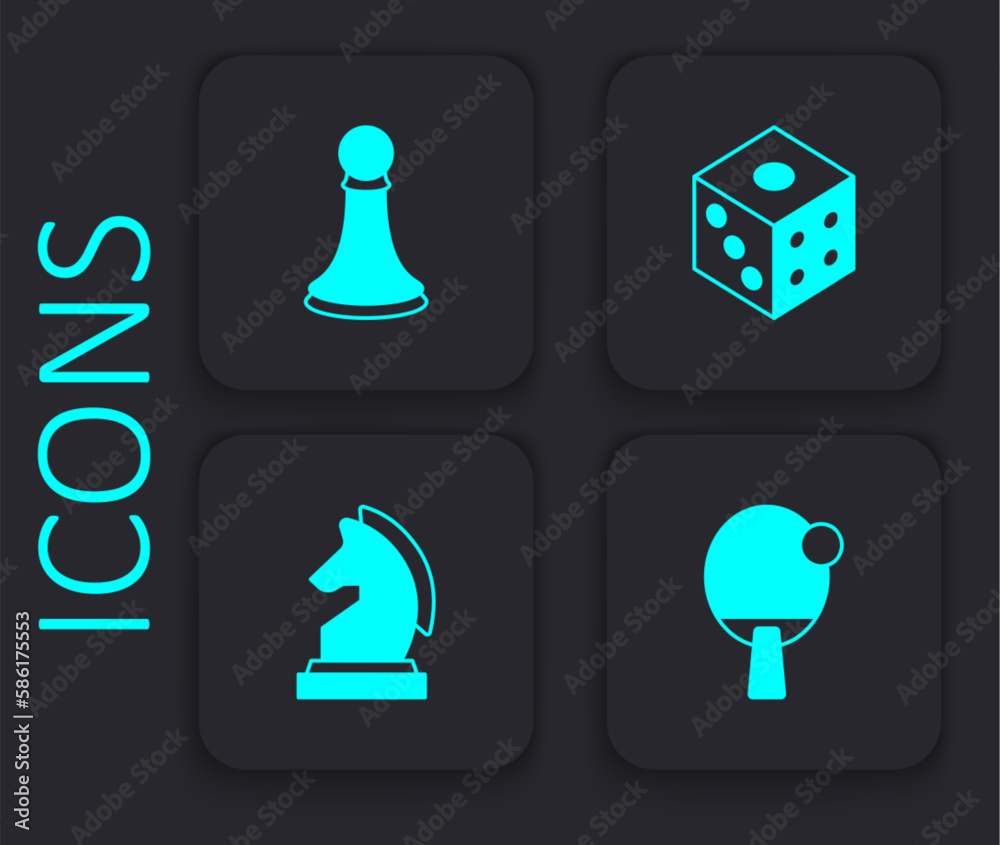 Set Racket, Chess pawn, Game dice and icon. Black square button. Vector Set Racket, Chess pawn, Game dice and icon. Black square button. Vector