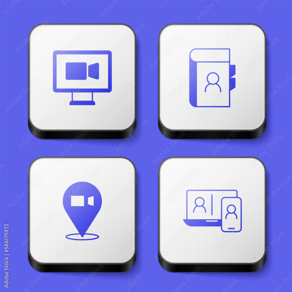 Set Video chat conference, Phone book, and icon. White square button. Vector